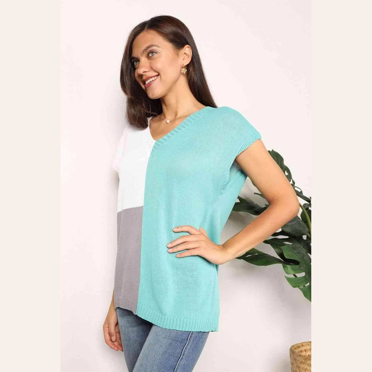 Trendsi Women's Stylish Summer Knitwear in Aqua and Gray with Short Sleeves for a Chic Look