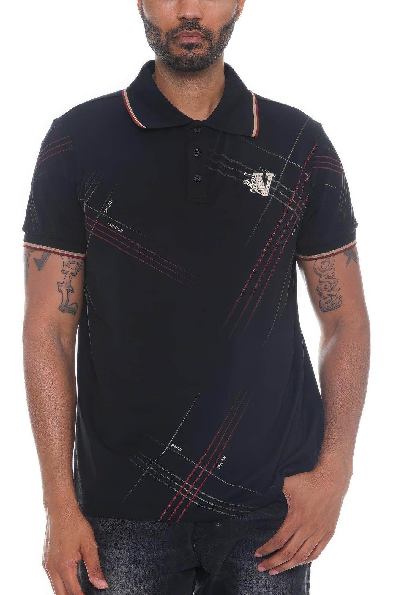 Version Couture mens polo shirt in black with stylish geometric patterns and comfortable fit