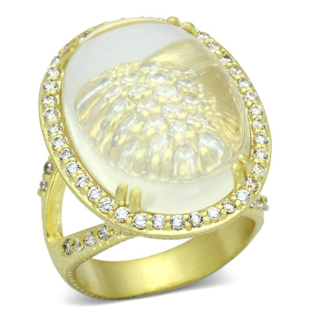 Vintage inspired gold fashion ring with a large clear stone and sparkling accents around the band