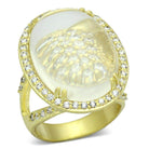 Vintage inspired gold fashion ring with a large clear stone and sparkling accents around the band