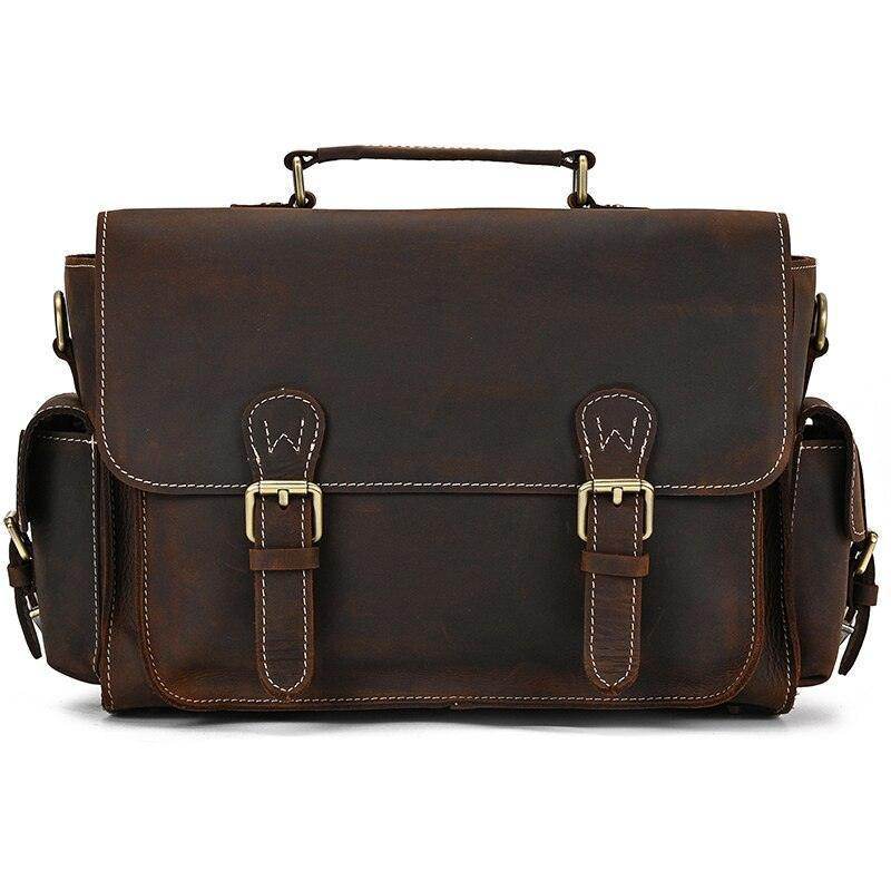 Vintage leather camera bag with spacious compartments and classic design for photographers