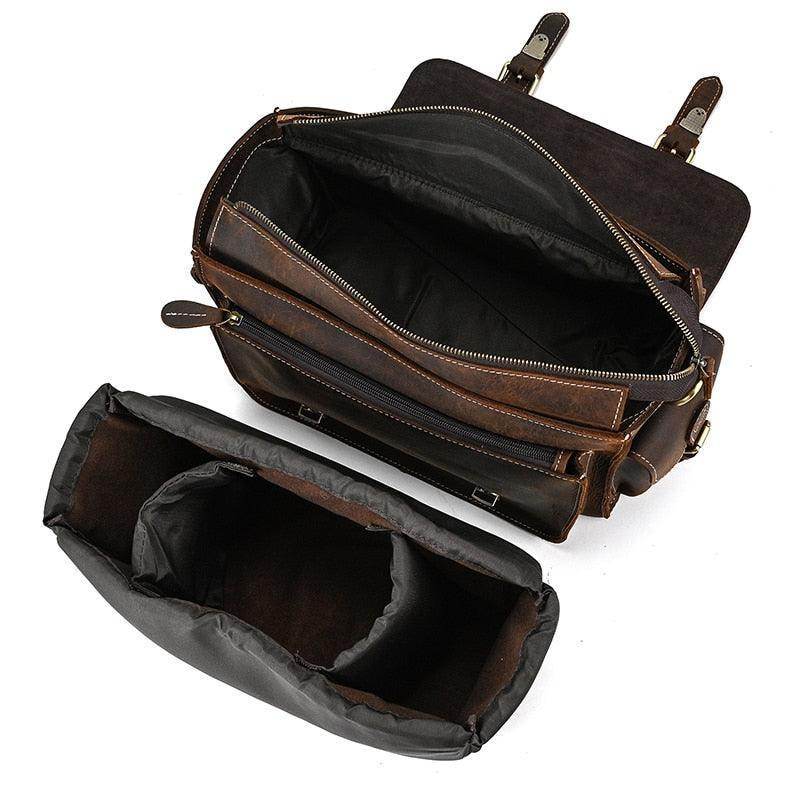Vintage leather camera bag with spacious interior and removable padded insert for camera protection