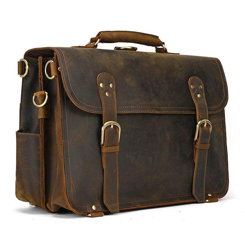 Vintage leather laptop bag with sturdy buckles and ample storage compartments for professionals