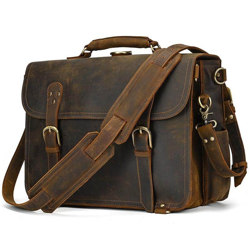 Vintage leather laptop bag with adjustable shoulder strap and multiple compartments for organization