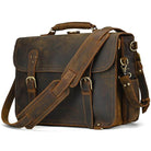 Vintage leather laptop bag with adjustable strap and multiple pockets for storage and organization