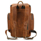 Back view of a vintage leather travel backpack with durable straps and spacious compartments