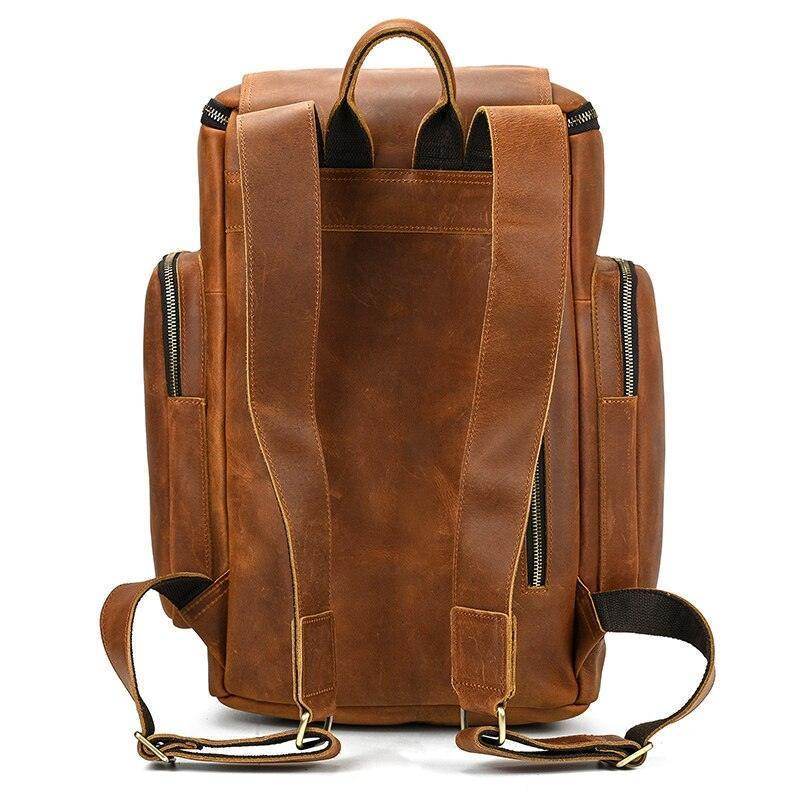 Back view of a vintage leather travel backpack with durable straps and spacious compartments
