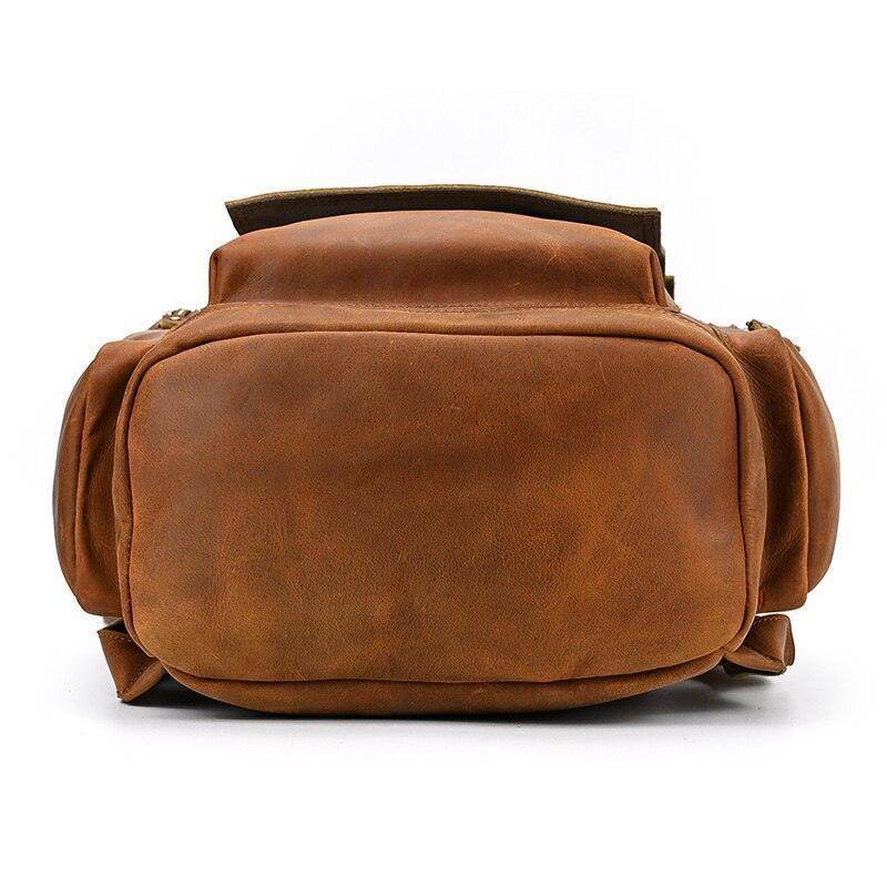 Front view of a vintage leather travel backpack in rich brown leather with spacious compartments