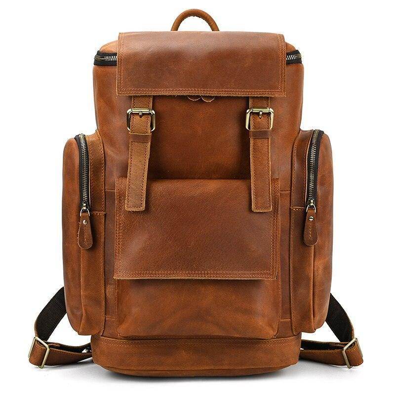 Vintage leather travel backpack from VacationGrabs featuring multiple pockets and durable design