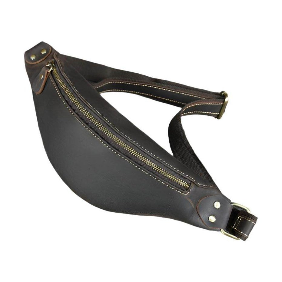 Vintage leather waist bag with a sleek design and durable zipper for stylish hands-free convenience