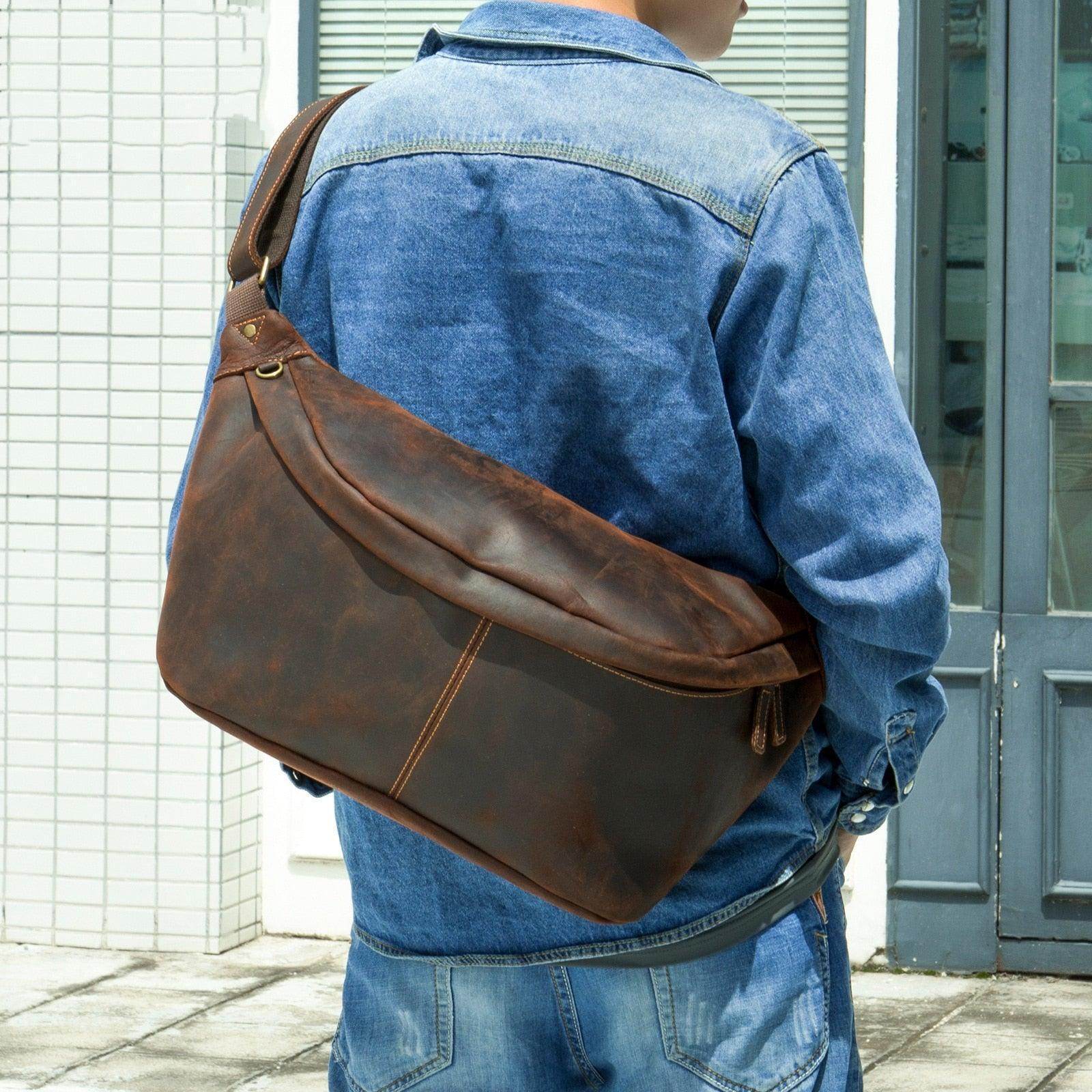 Vintage leather waist bag in brown, stylishly worn across the body for a casual look