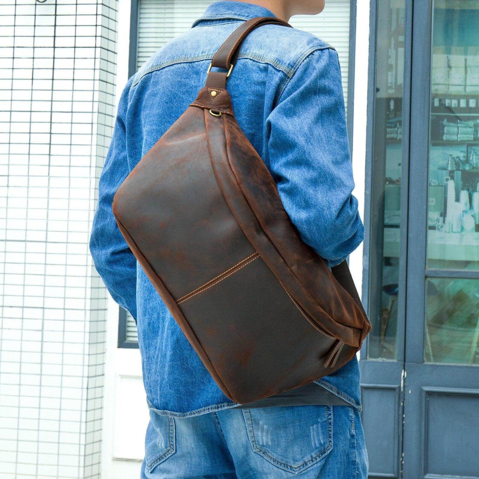 Man wearing a vintage leather waist bag styled for casual outings and travel convenience