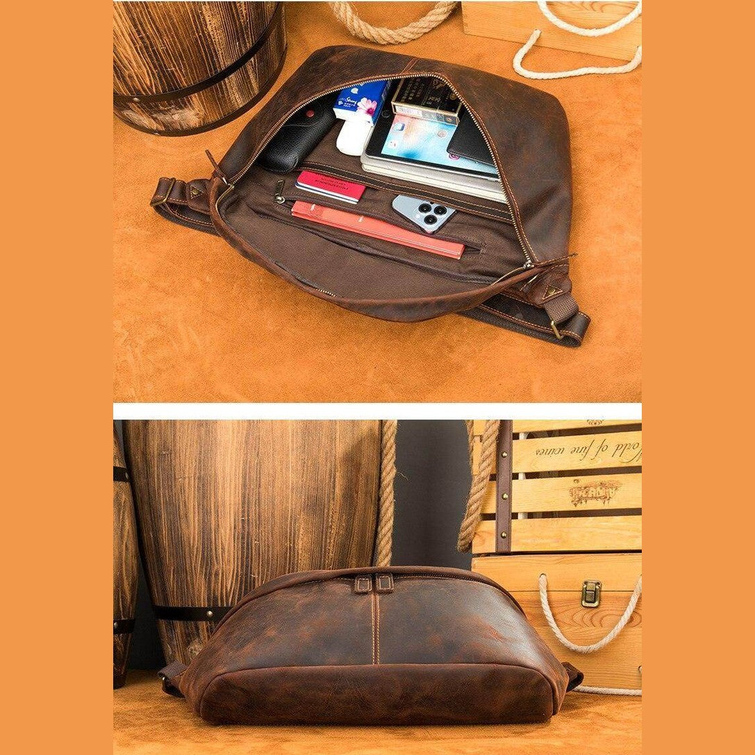 Vintage leather waist bag with multiple compartments for organizing essentials and devices