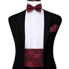 Men's wedding tuxedo set with a red paisley tie, bow tie, and pocket square for formal events