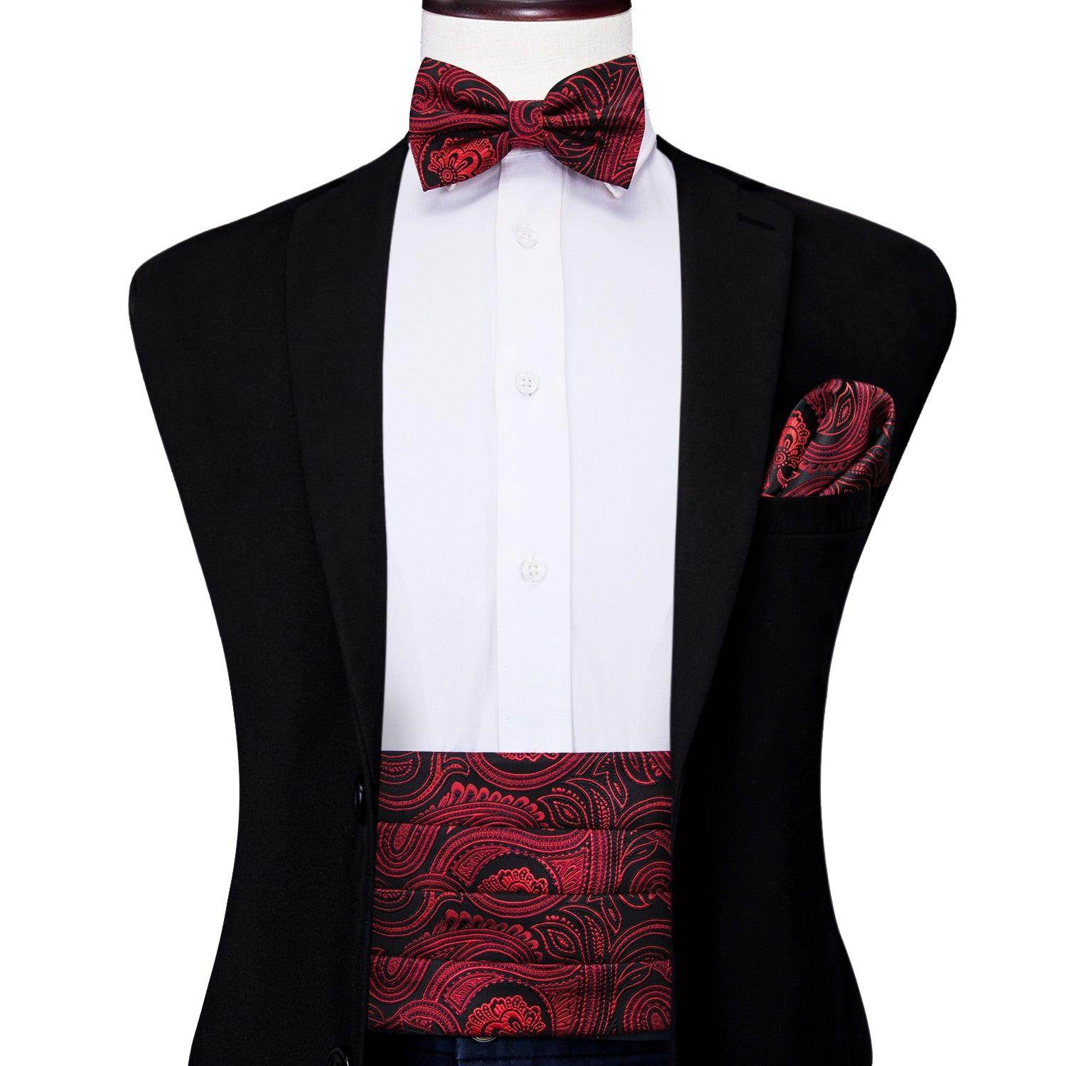 Men's wedding tuxedo set with a red paisley tie, bow tie, and pocket square for formal events