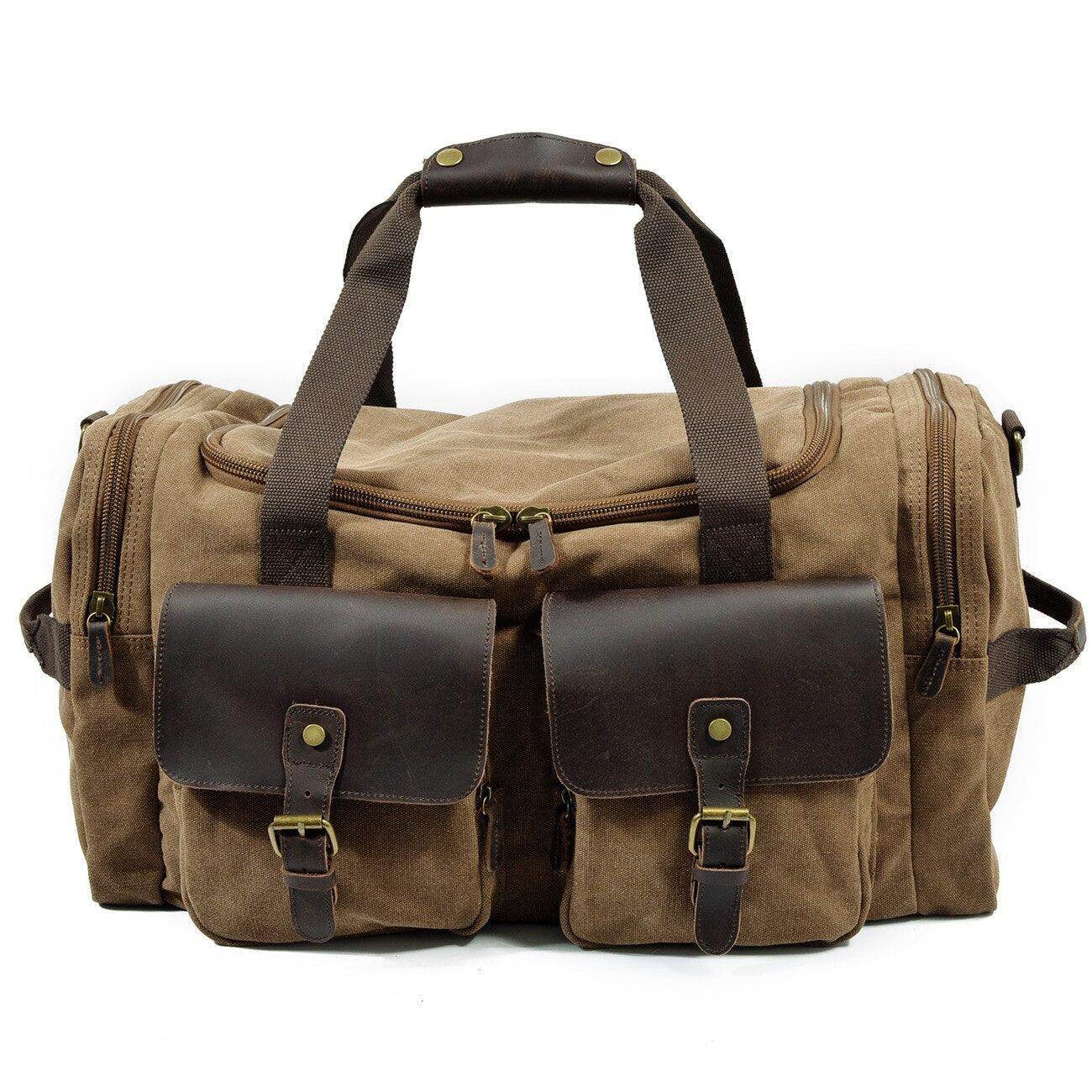 VacationGrabs weekender outdoor duffel bag in brown fabric with leather accents and multiple pockets