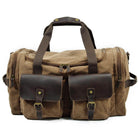 VacationGrabs weekender outdoor duffel bag in brown fabric with leather accents and multiple pockets