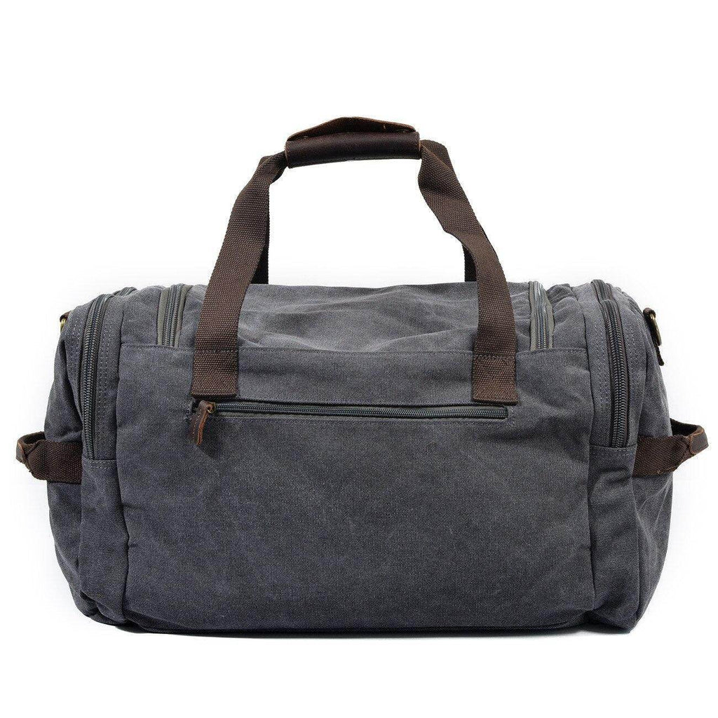 Gray weekender outdoor duffel bag with sturdy handles and zipper pockets for travel convenience