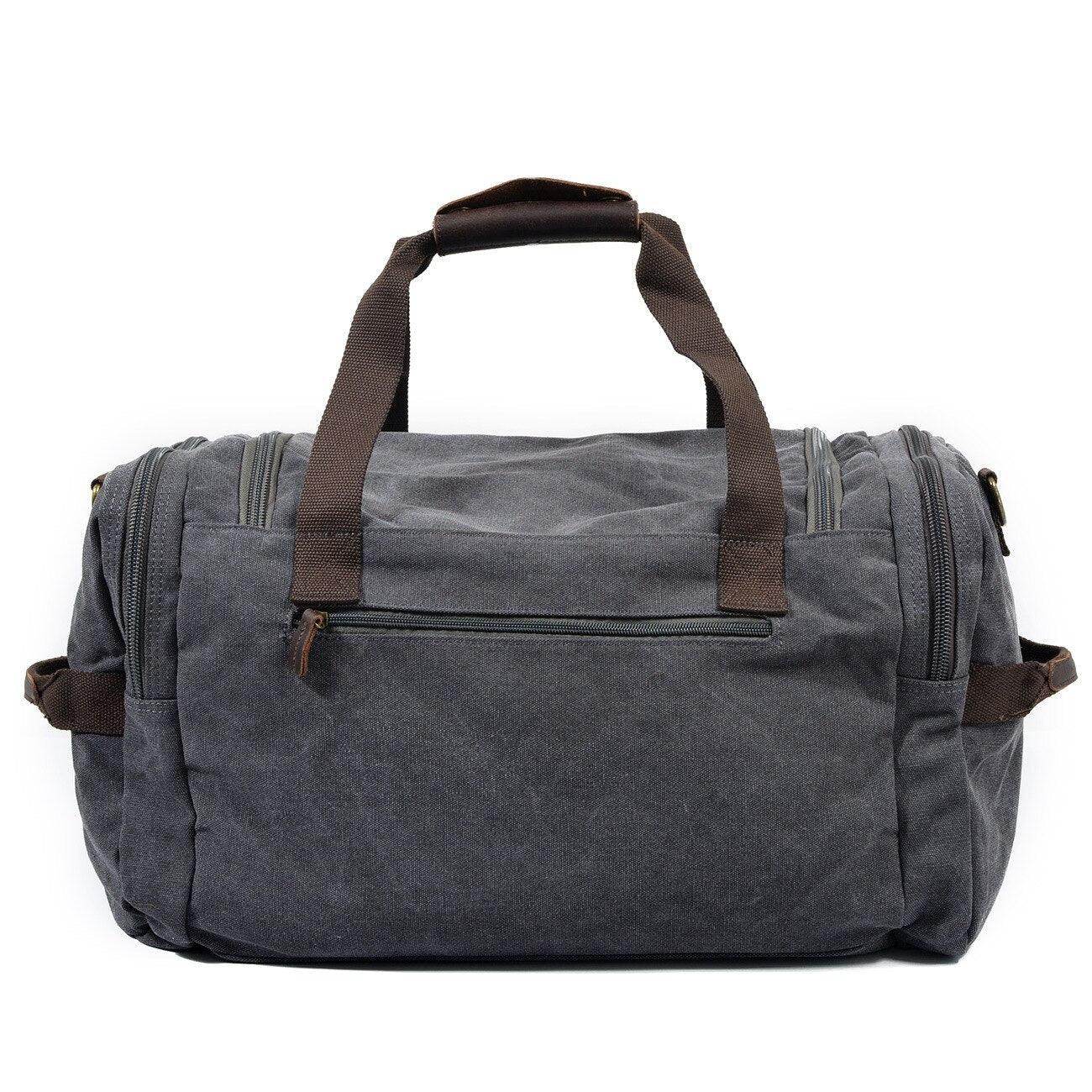 Gray weekender outdoor duffel bag with sturdy handles and zipper pockets for travel convenience