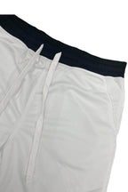 Men's white athletic shorts for men with adjustable drawstring and navy waistband