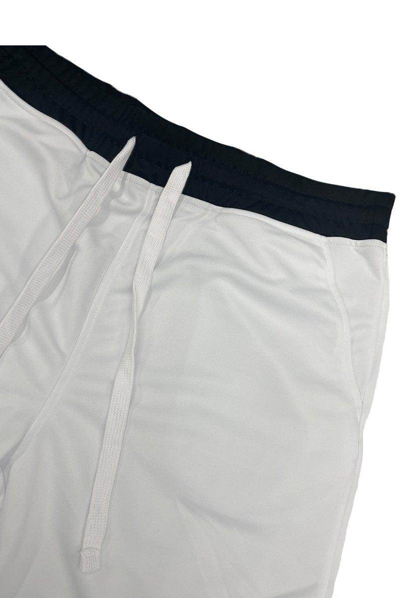 Men's white athletic shorts for men with adjustable drawstring and navy waistband
