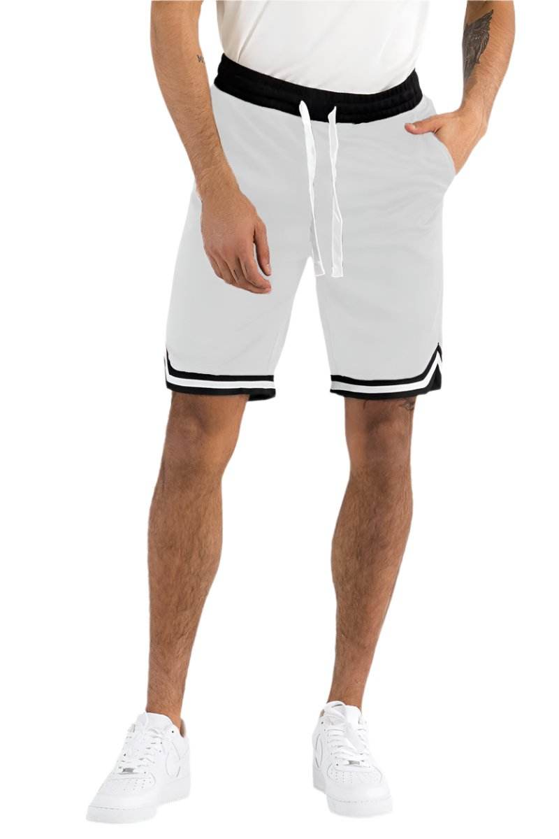 VacationGrabs white athletic shorts for men with black stripes and adjustable drawstring waist