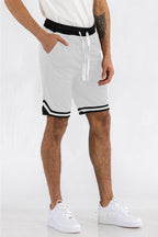 Men's white athletic shorts for men with black stripes and comfortable side pockets