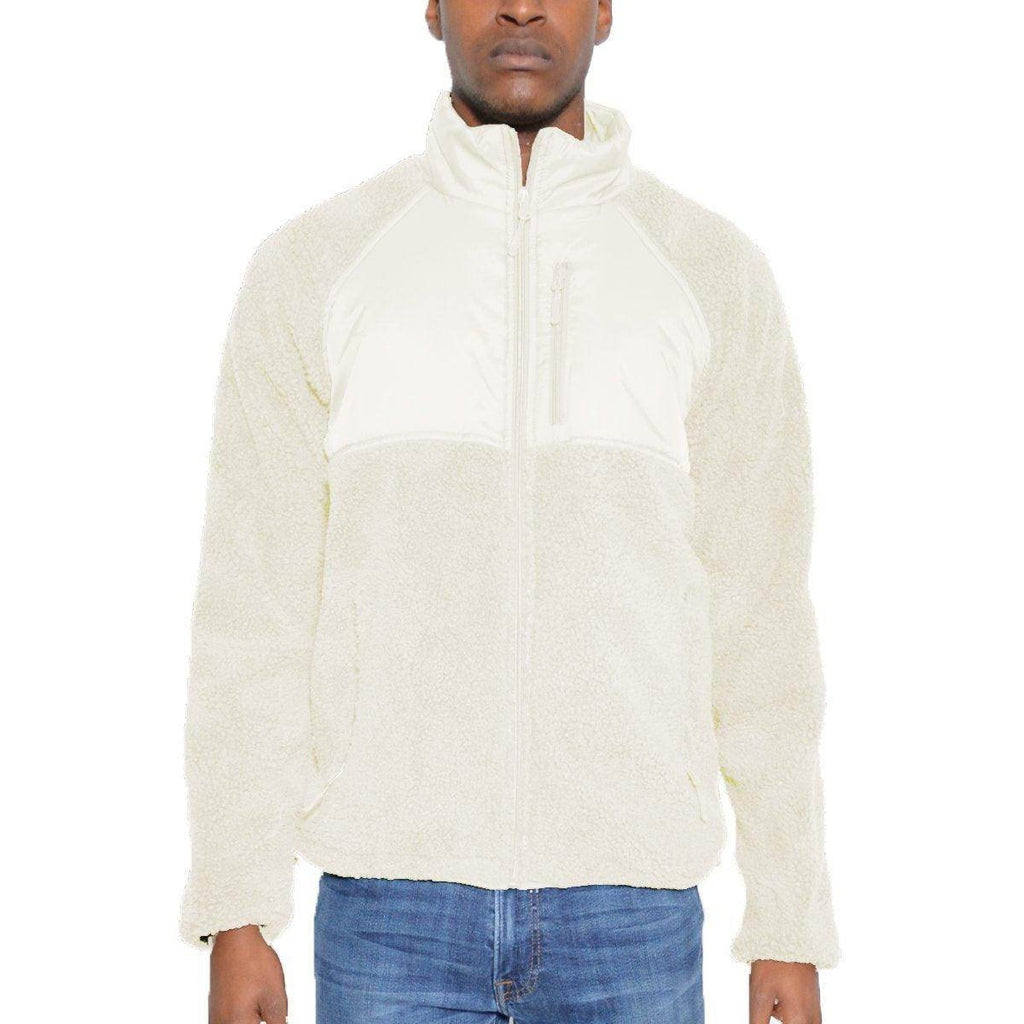 Men's white beige sherpa jacket with a zip front and soft fleece for warmth and comfort