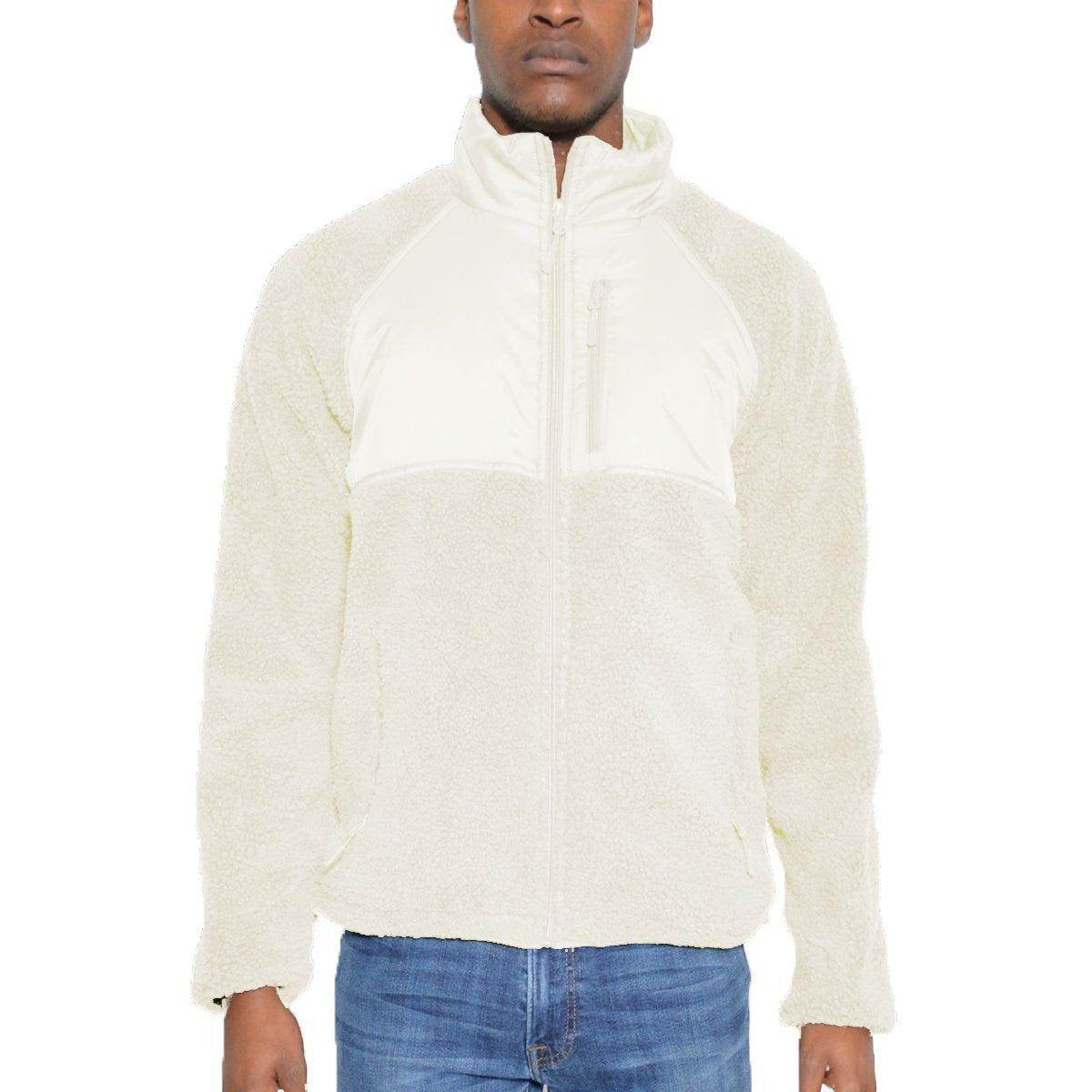 Men's white beige sherpa jacket with a zip front and soft fleece for warmth and comfort