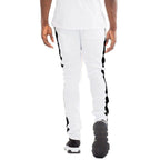 Men's white black stripe track pants from VacationGrabs with a sleek fit for ultimate comfort