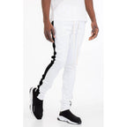 Men's white black stripe track pants from VacationGrabs with a slim fit design