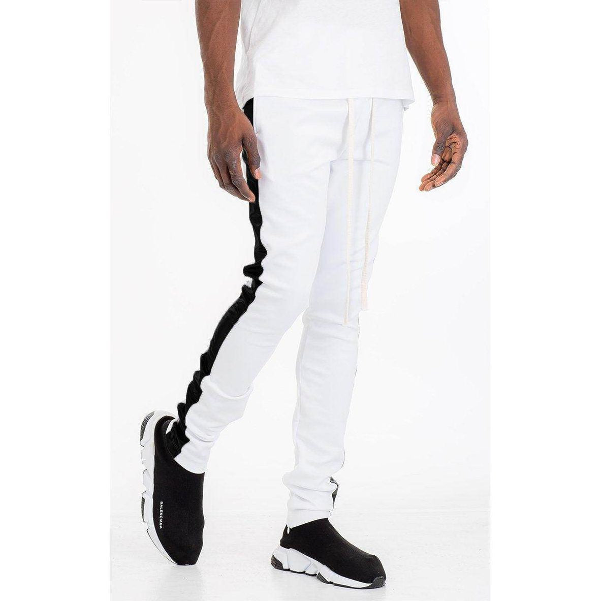 Men's white black stripe track pants from VacationGrabs with a slim fit design