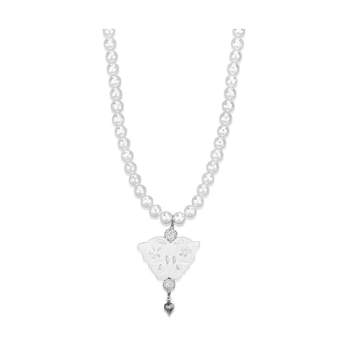 Elegant white metal pearl necklace featuring a butterfly pendant with detailed design