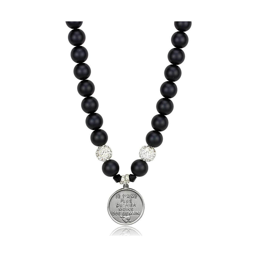 VacationGrabs white metal synthetic beaded necklace with black beads and silver charm pendant