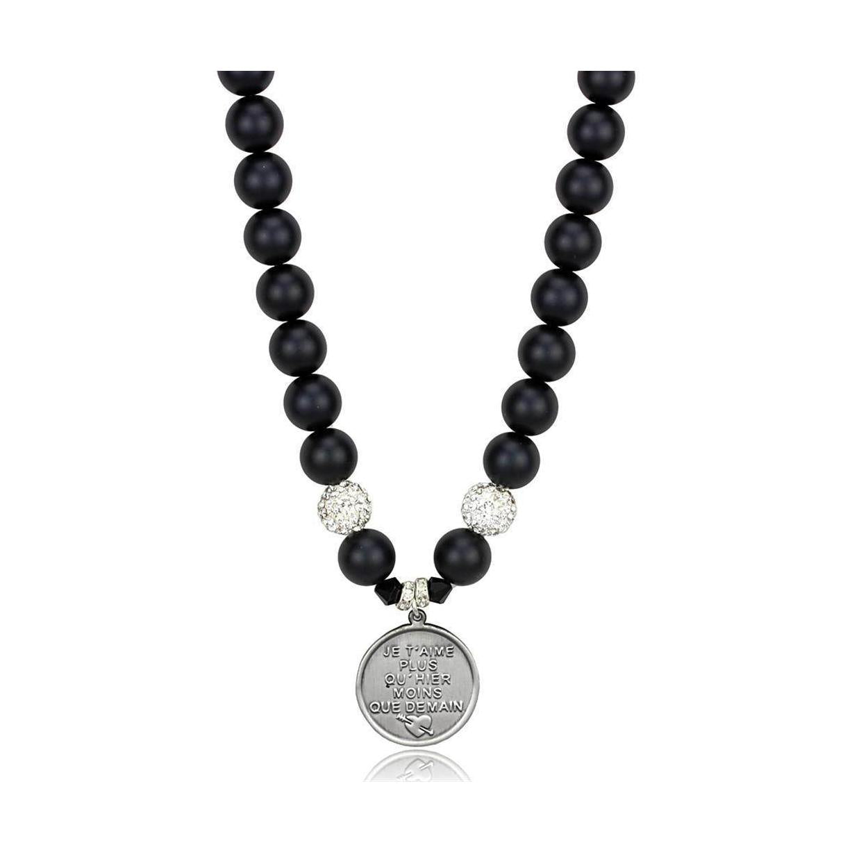 VacationGrabs white metal synthetic beaded necklace with black beads and silver charm pendant