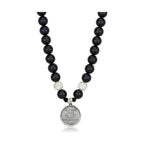 VacationGrabs white metal synthetic beaded necklace with black beads and silver charm pendant
