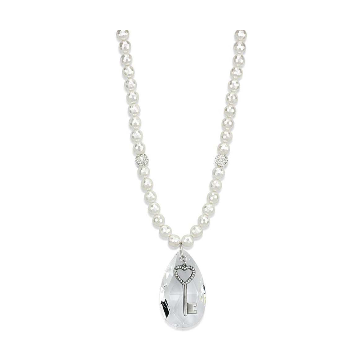 White metal vintage style pendant necklace with a key design and pearl beads for elegant style
