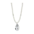 White metal vintage style pendant necklace with a key design and pearl beads for elegant style