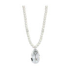 White metal vintage style pendant necklace with a key design and pearl beads for elegant style