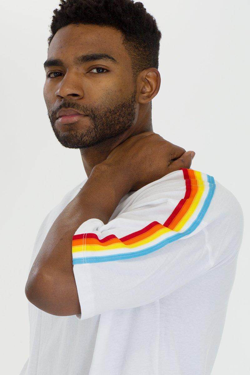 Men's 2PC Track Sets featuring a white rainbow shirt and pants with colorful stripes