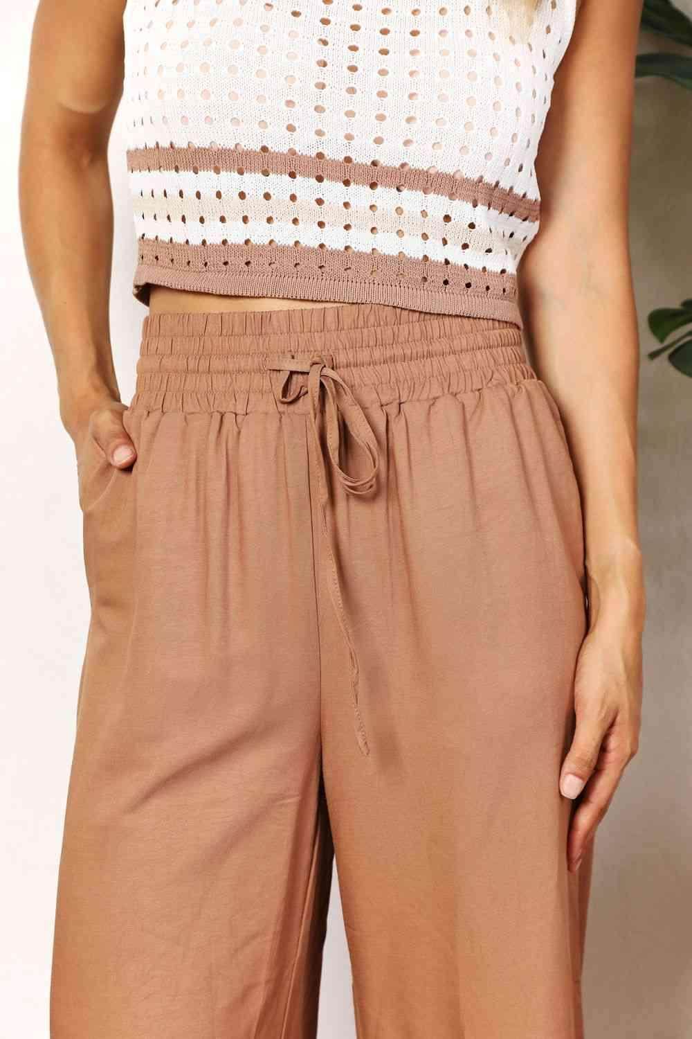 Trendsi wide leg vacation pants in tan with elastic waist and drawstring detail for comfortable summer styling