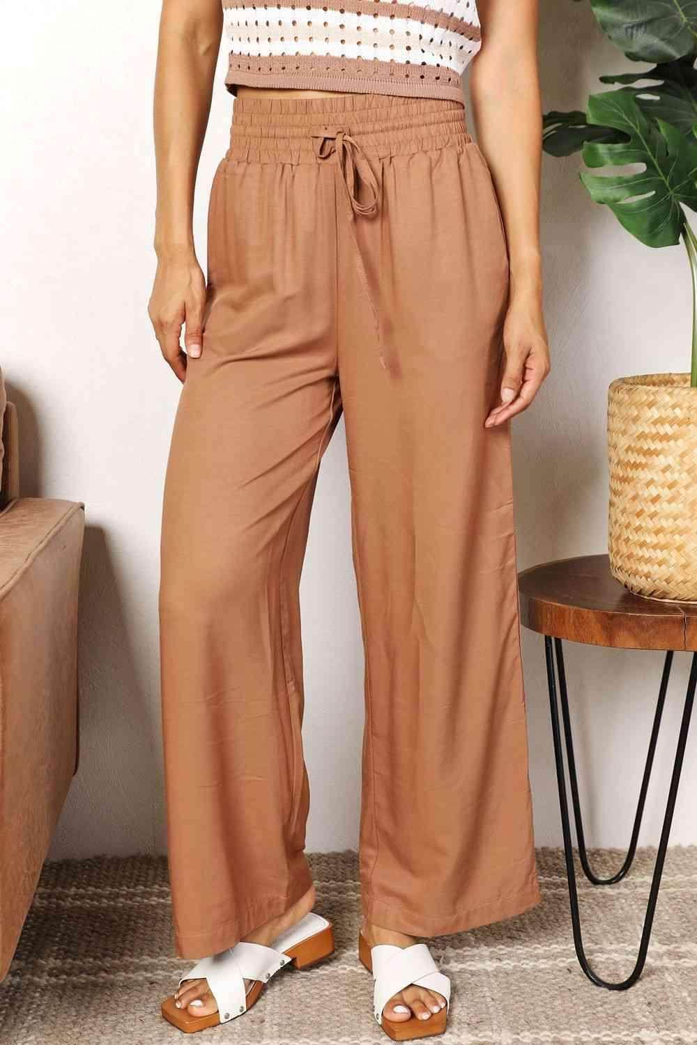 Trendsi wide leg vacation pants in light brown with a comfortable drawstring waistband