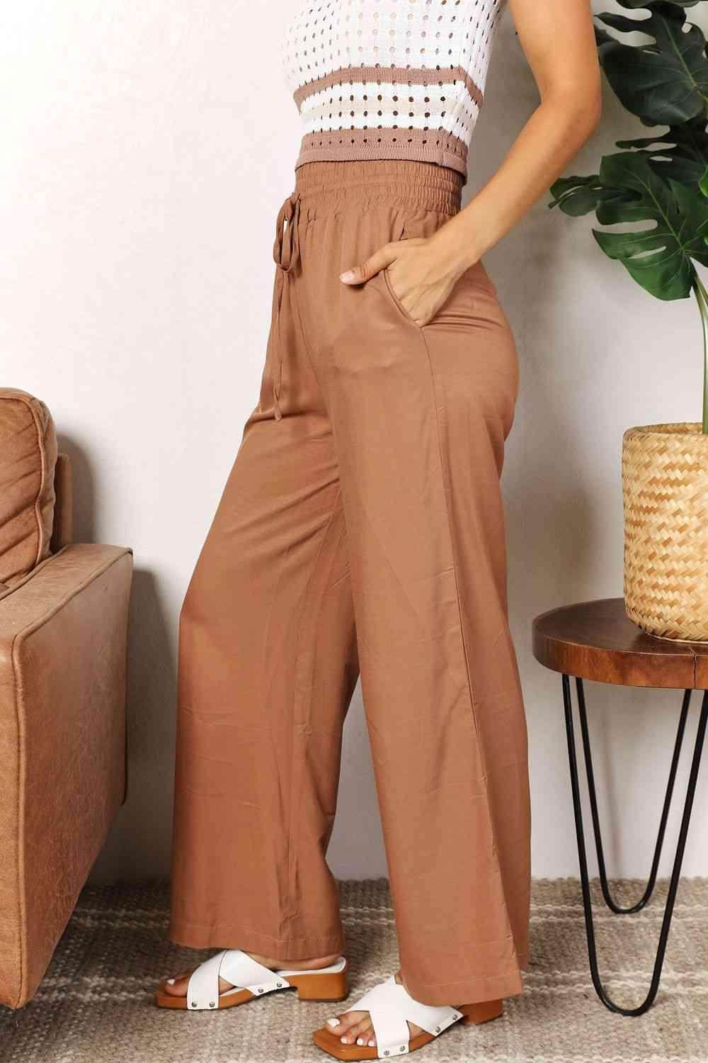 Trendsi wide leg vacation pants in brown featuring a comfortable elastic waistband and pockets