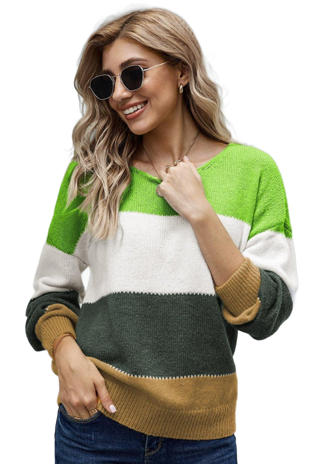 Women's Sweaters Winter Green Pullover Colorblock Sweater