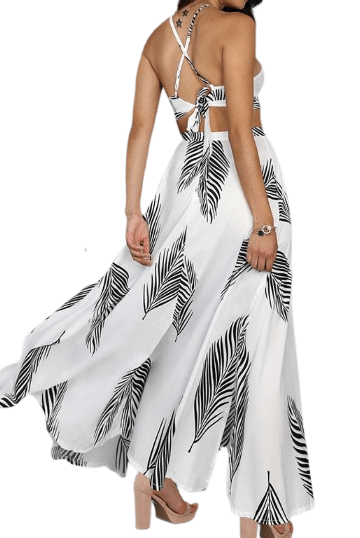 Women's Outfits & Sets Women Leaf Print Backless Two-Piece Halter Maxi Skirt