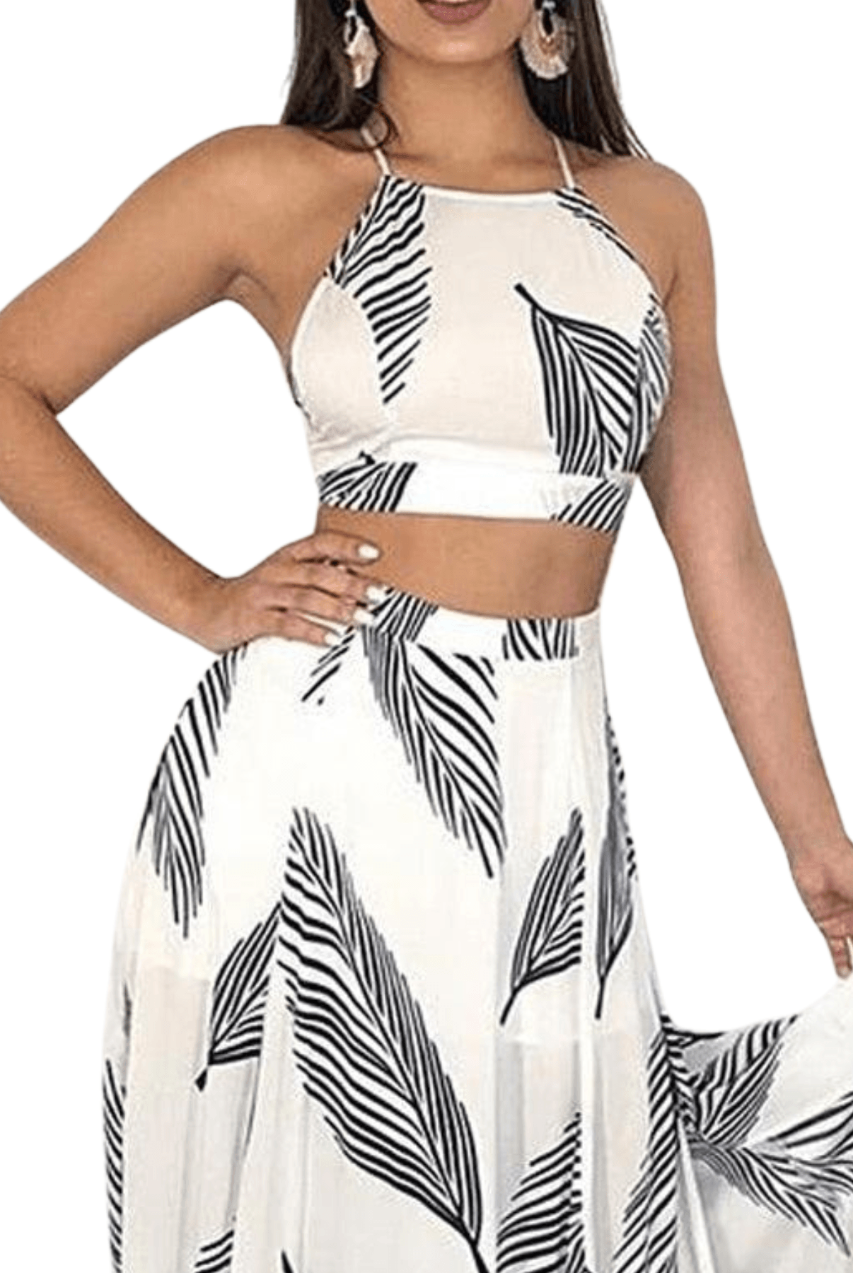 Women's Outfits & Sets Women Leaf Print Backless Two-Piece Halter Maxi Skirt