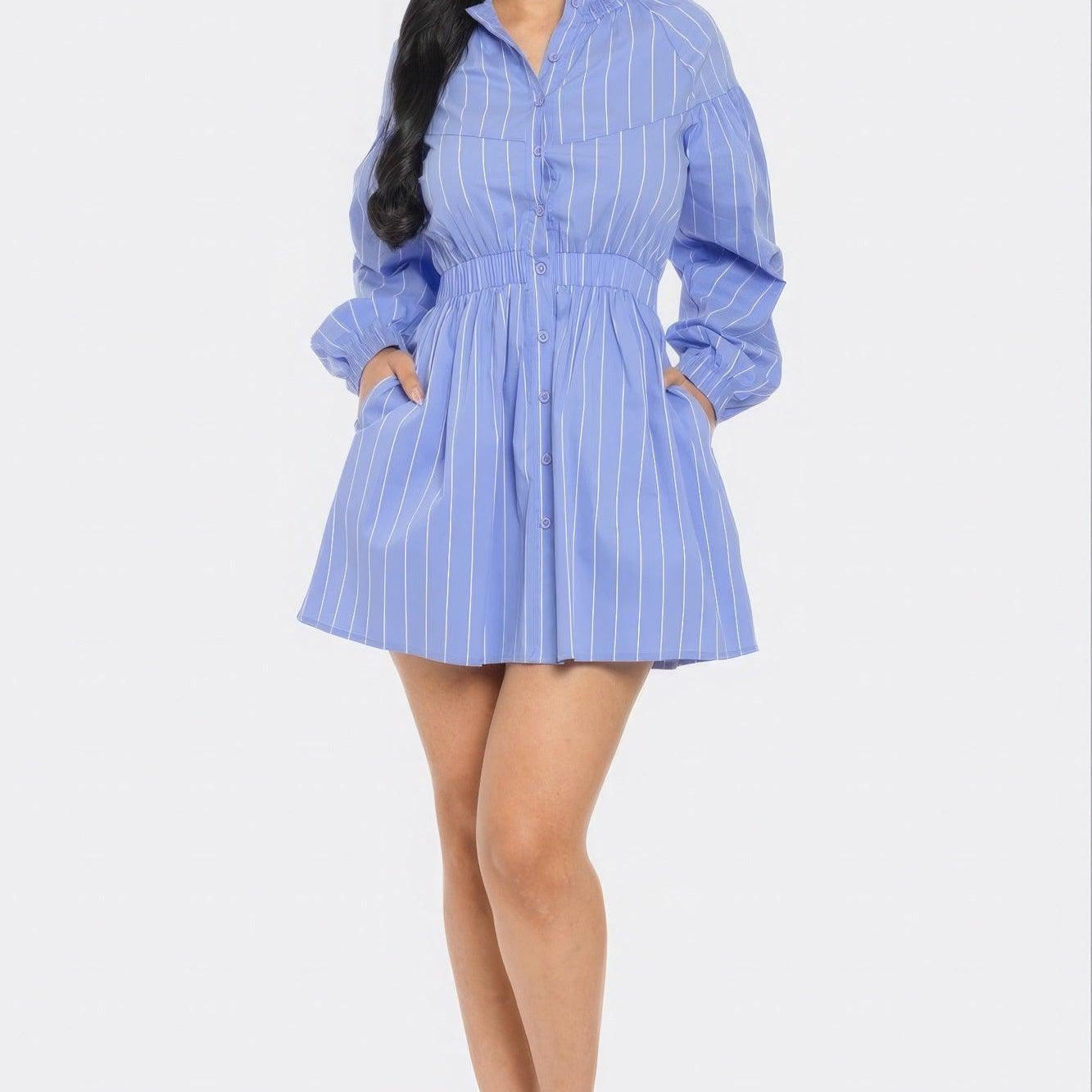 Women's Dresses Women's Blue Striped Mini Dress with Pockets