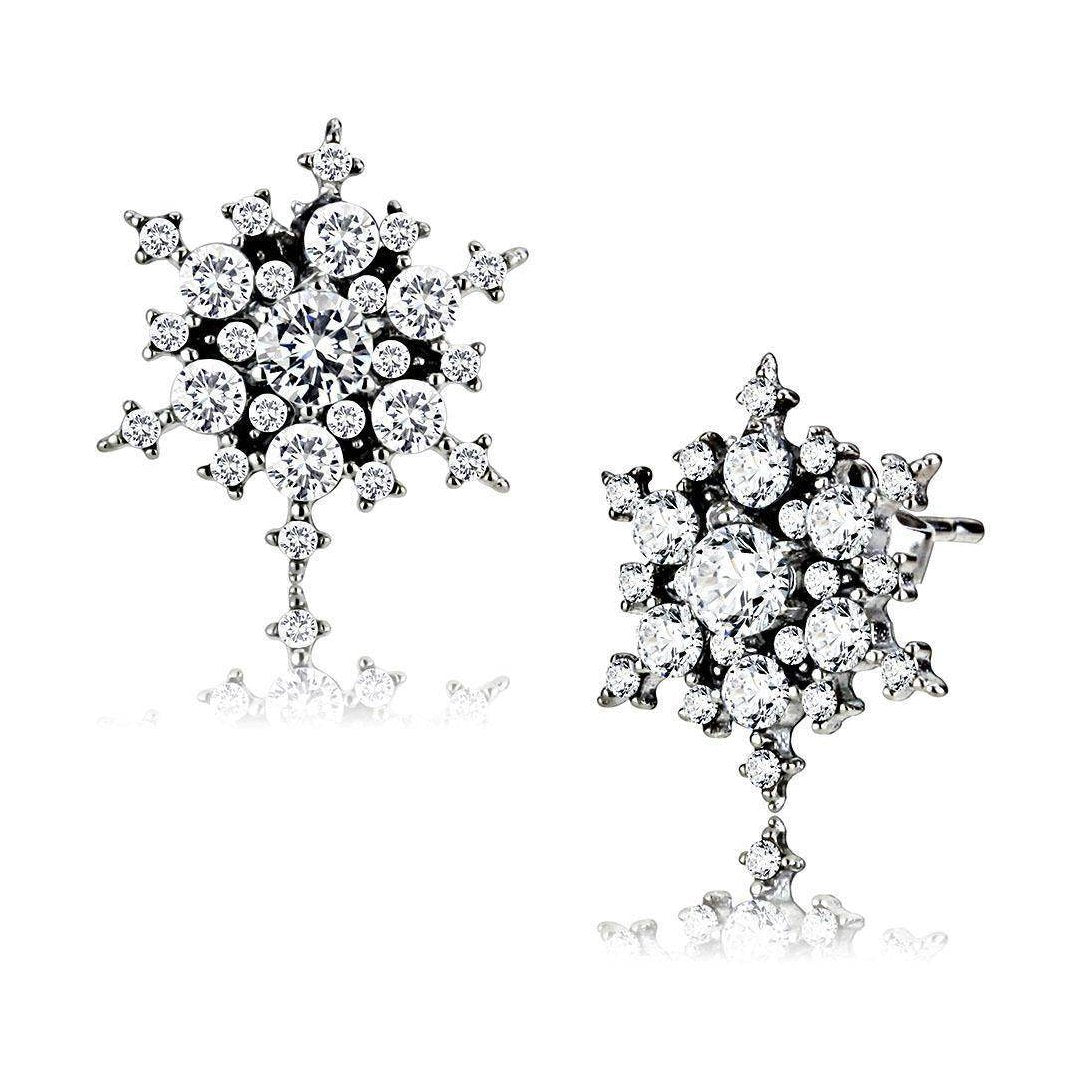 Elegant snowflake stud earrings for women with sparkling clear crystals and silver-tone finish