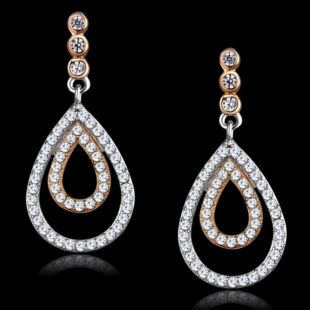 Women's Jewelry - Earrings Women's Earrings - TS548 - Rose Gold + Rhodium 925 Sterling Silver Earrings with AAA Grade CZ in Clear