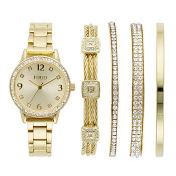 Women's Jewelry - Watches Women's Gold Tone Glitz Watch & Stackable Bracelet Set